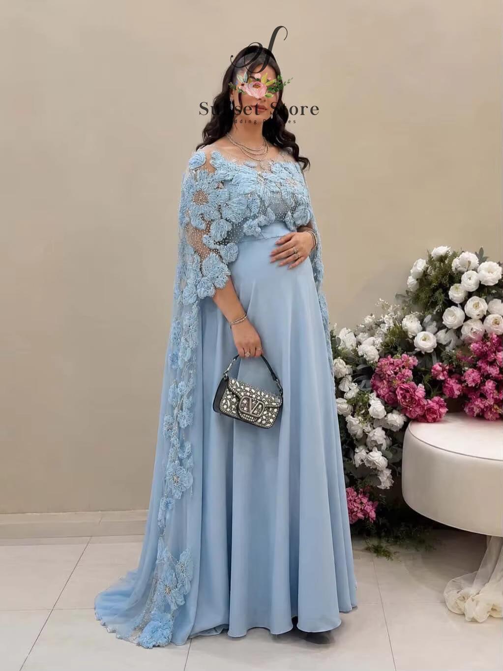 Maternity Wear - カスタマイズされたスパゲッティストラップイブニングドレス ケープ付き ブルー Aライン 妊婦用フォーマルガウン 2ピース