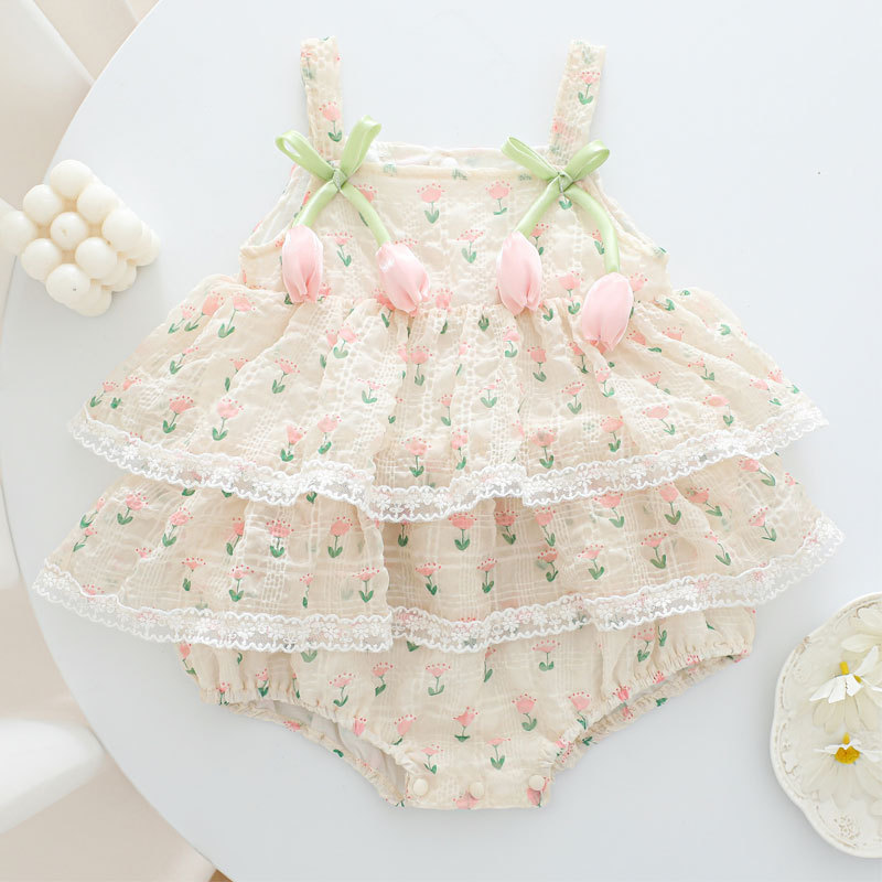 Newborn Baby Girl Romper Floral - 2026年ベビーガールサマープリンセスストラップボディスーツ0-2歳3Dフラワー薄手通気性レースチュチュ幼児ロンパース新生児100日祝い衣装