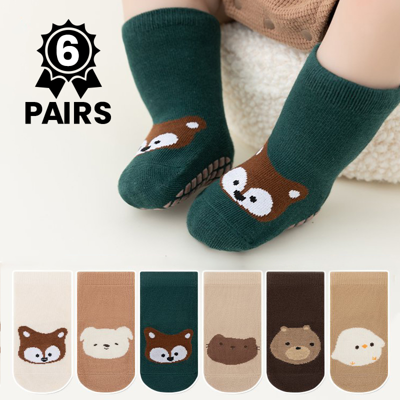 Unisex Baby Socks Non Slip - 6足組のかわいい漫画動物柄ベビー滑り止めフロアソックス、0-5歳の男の子と女の子向けの柔らかい幼児用滑り止めソックス、室内歩行用ソックス