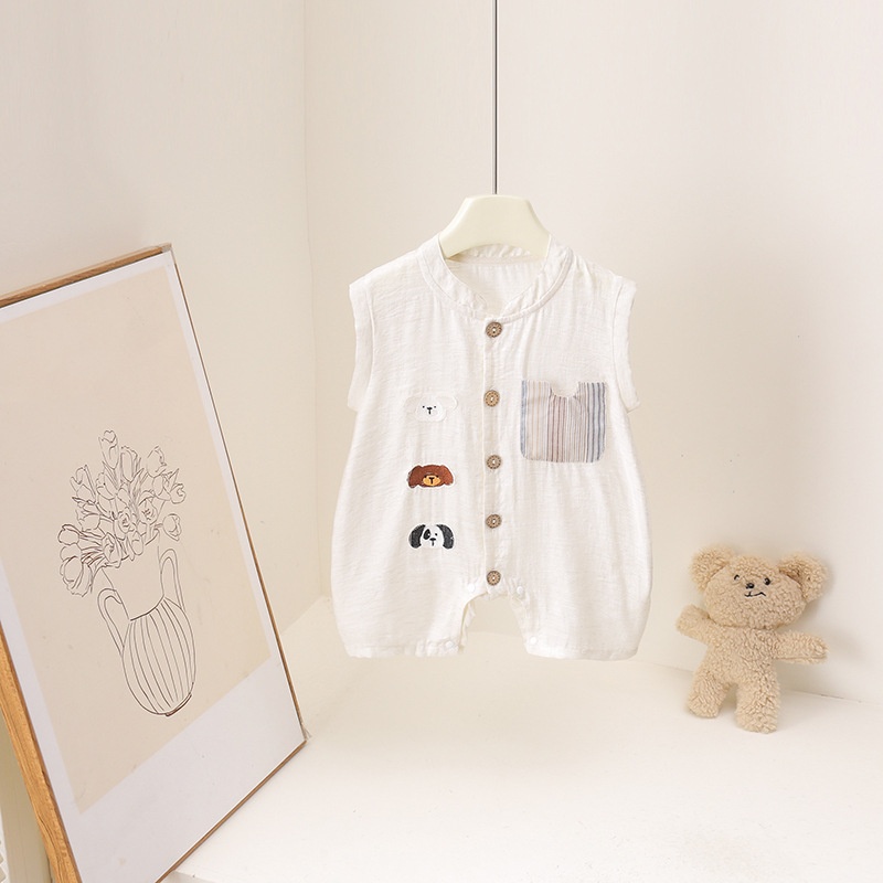Baby Summer Linen Sleeveless Jumpsuit - 2026年夏 カートゥーンベアープリント 3ヶ月～3歳 ベビーロンパース ワイドショルダー スタンドカラー