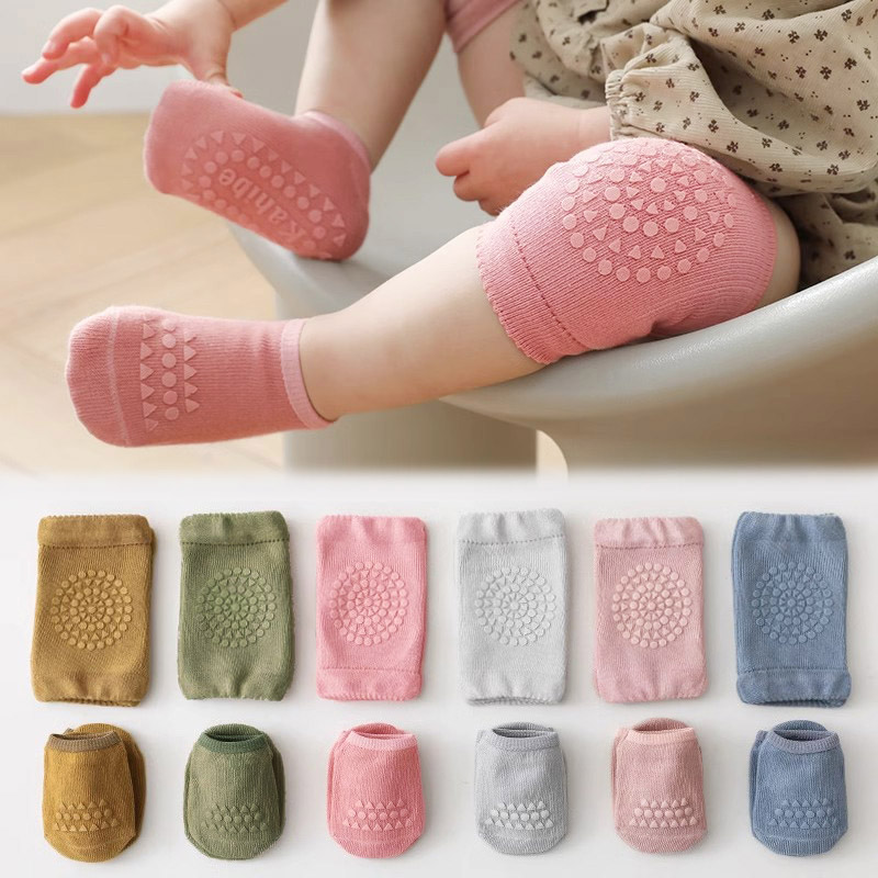 Unisex Baby Socks Non Slip - 3セットのベビーソックスと膝パッド、無地、滑り止め付き、男の子と女の子用、幼児用フロアソックス、子供用膝パッド