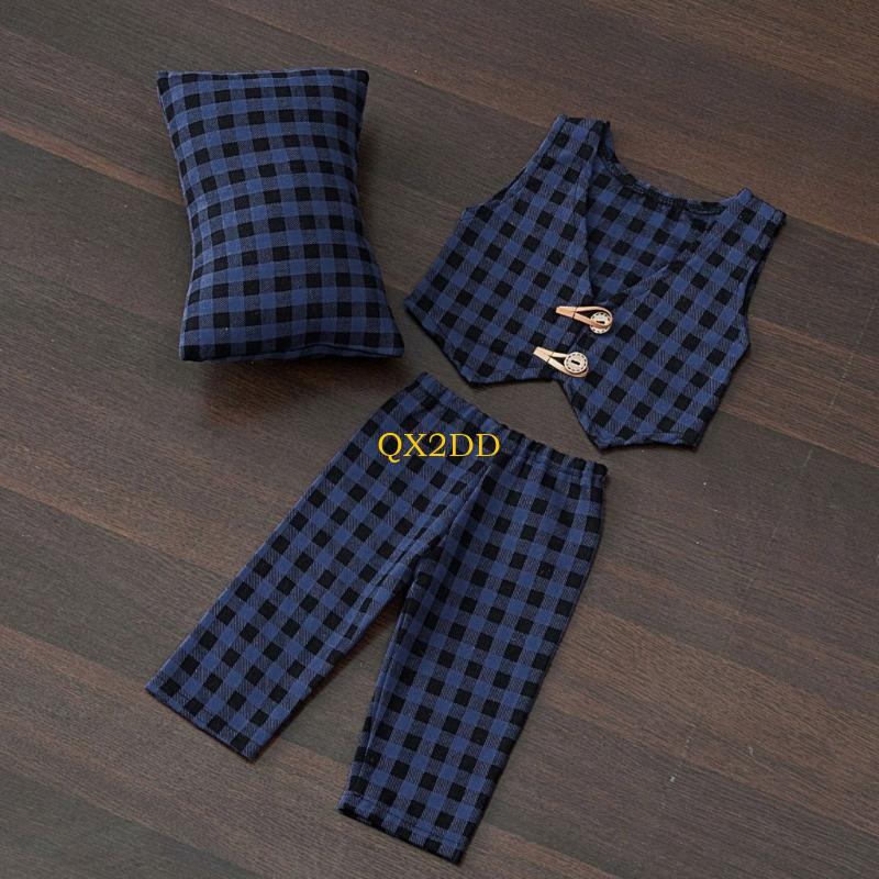 Infant Photography Props Outfit - QX2D チェック枕パンツ & ベストセットベビー写真撮影小道具男の子写真撮影衣装幼児紳士赤ちゃんシャワーギフト