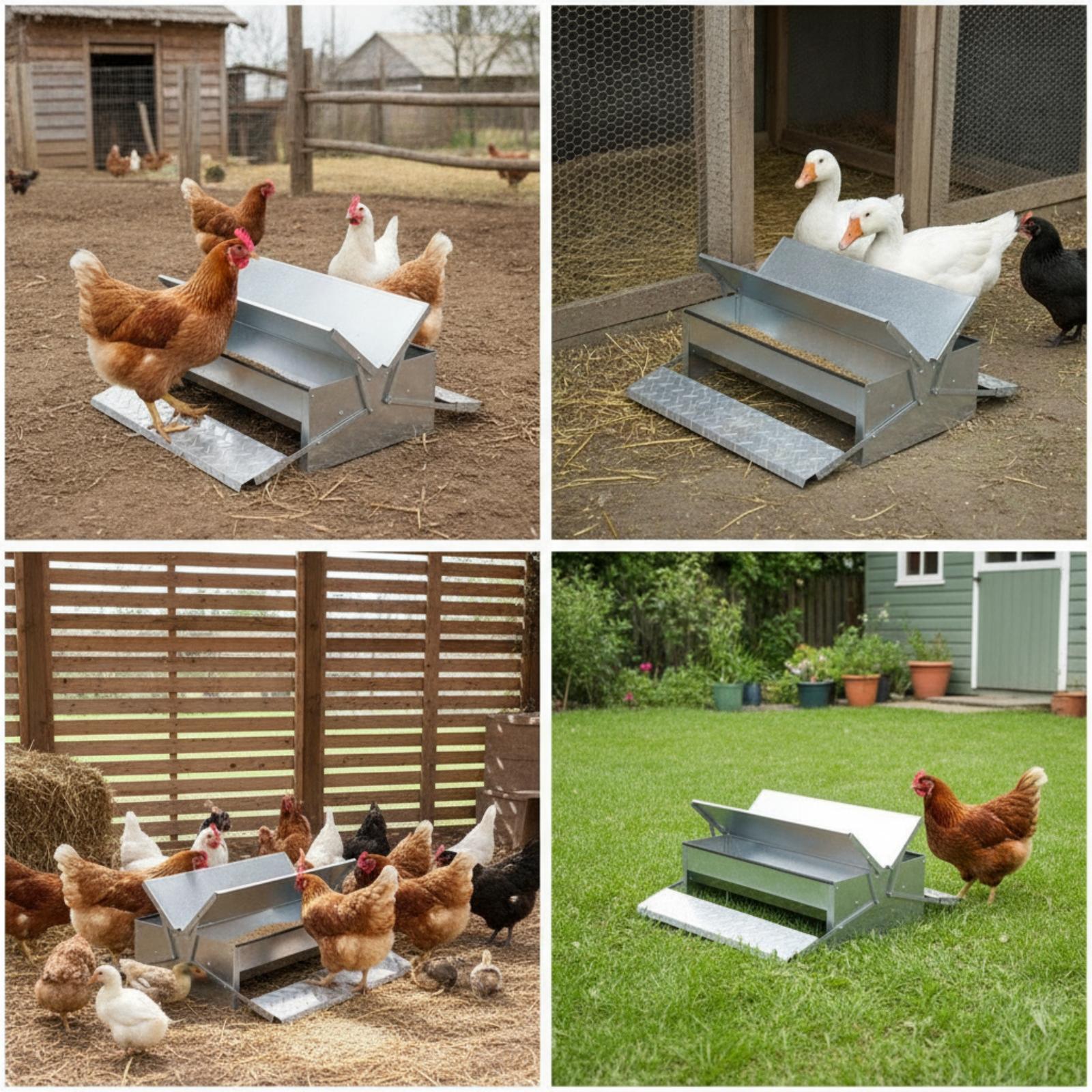 Feeding - 自動養鶏用給餌器、亜鉛メッキ鋼製踏み板蓋付き鶏用給餌容器、裏庭の鳥用屋外設置型
