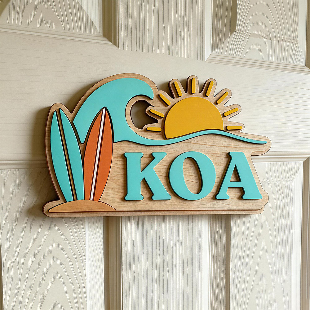 Nursery - カスタムビーチウェーブサーフボードサンネームドアサイン子供部屋用パーソナライズされたトロピカルオーシャンテーマの木製保育園用飾り板