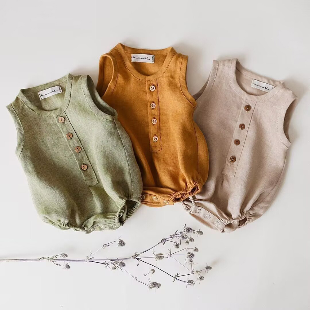 Baby Summer Linen Sleeveless Jumpsuit - 新生児男の子リネンコットンロンパースソフト通気性ノースリーブボディスーツ幼児ジャンプスーツ幼児女の子ワンピース服 0-24 メートル