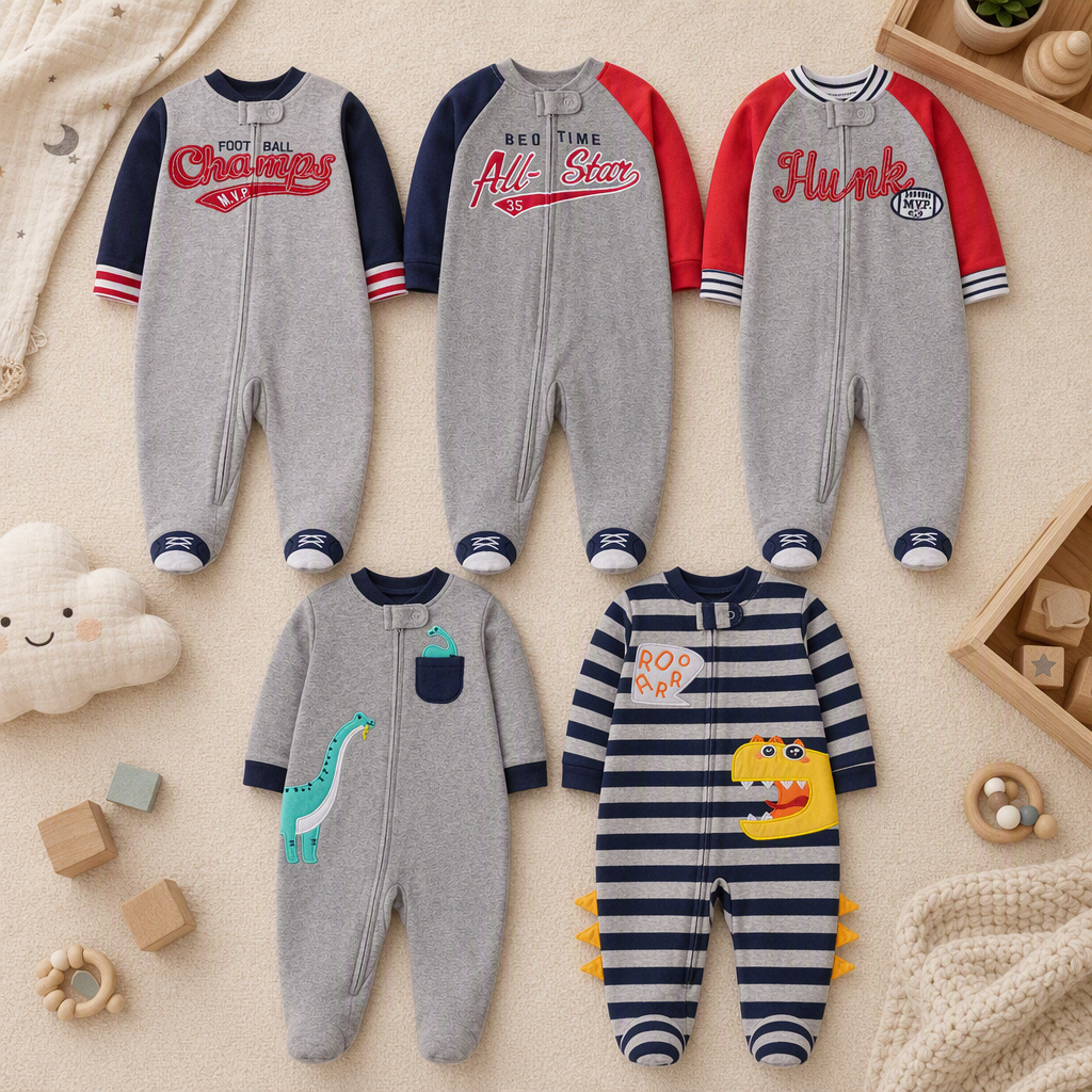 Cotton Baby Onesies Zipper - 幼児男の子用両面コットン足つきロンパース、ストライプ柄と漫画文字刺繍入りジッパー付きワンピース、オールシーズン対応、3-12ヶ月ベビー服