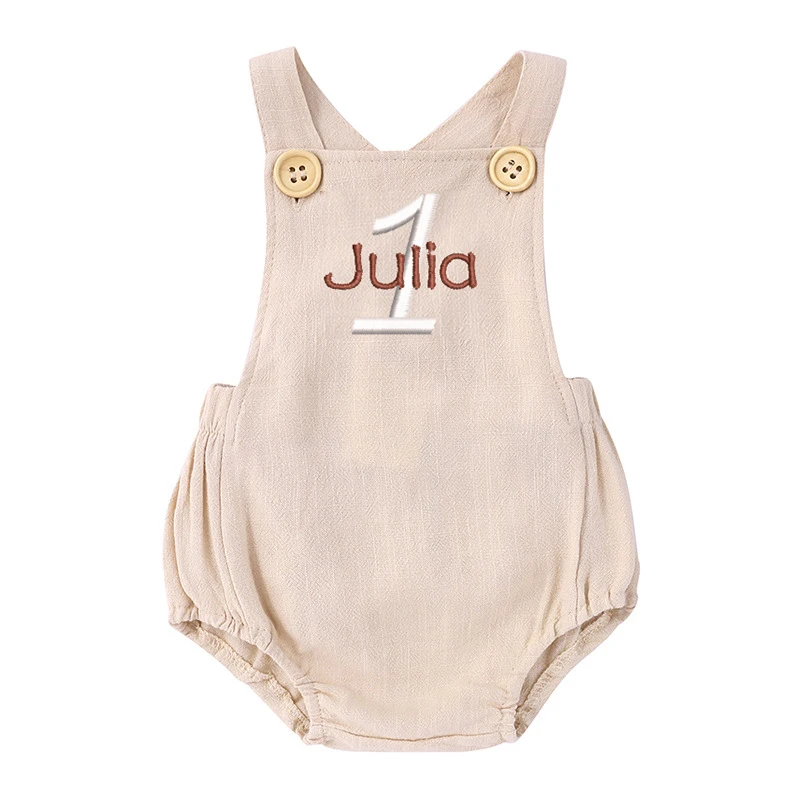 Baby Summer Linen Sleeveless Jumpsuit - パーソナライズされた名前の刺繍入りロンパース,ノースリーブの衣装,写真撮影の衣装,カジュアルなベビーギフト,1歳の誕生日