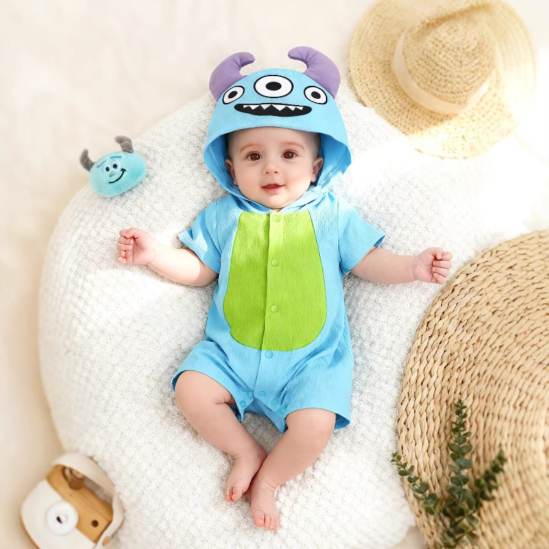新生児用ブルーモンスターロンパース 半袖フード付きボディスー - Cotton Baby Onesies Zipper のレビューと価格