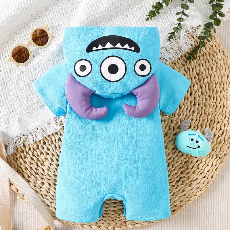 新生児用ブルーモンスターロンパース 半袖フード付きボディスー - Cotton Baby Onesies Zipper のレビューと価格
