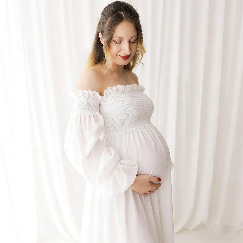 マタニティドレス写真撮影用ホワイトオフショルダーフリルパフス - Maternity Wear のレビューと価格