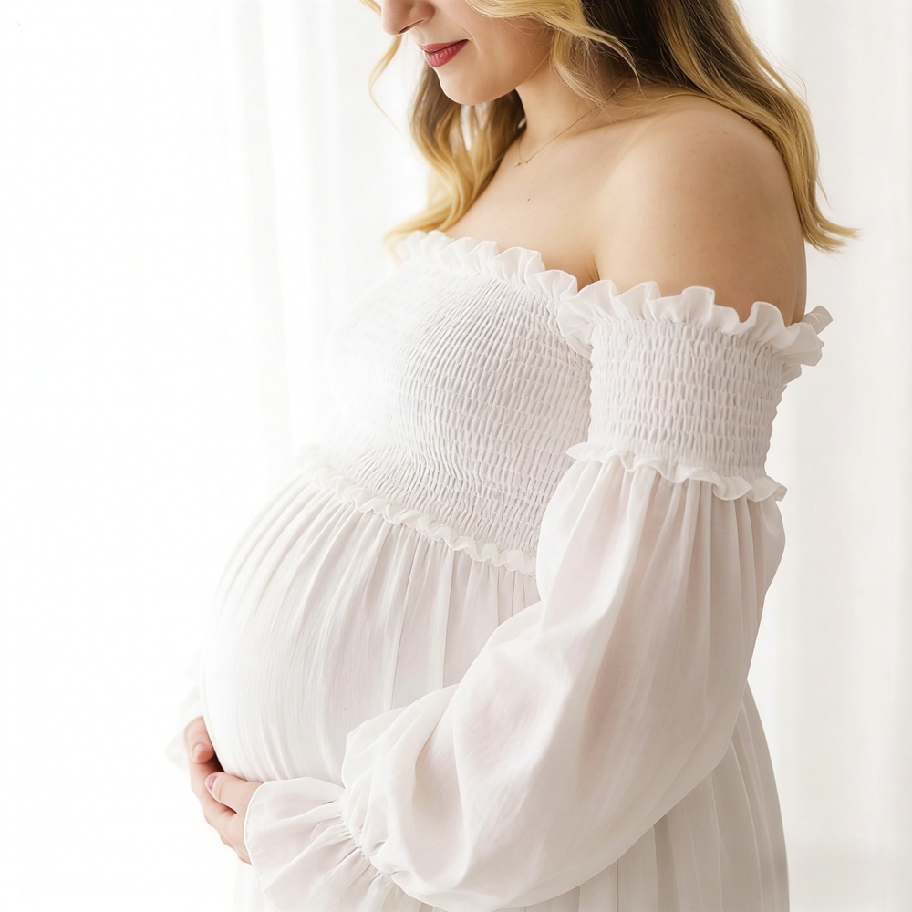 マタニティドレス写真撮影用ホワイトオフショルダーフリルパフス - Maternity Wear のレビューと価格