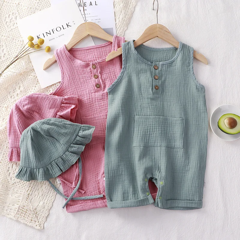 ベビーコットンノースリーブロンパーススーツ、帽子付き新生児ロ - Baby Summer Linen Sleeveless Jumpsuit のレビューと価格