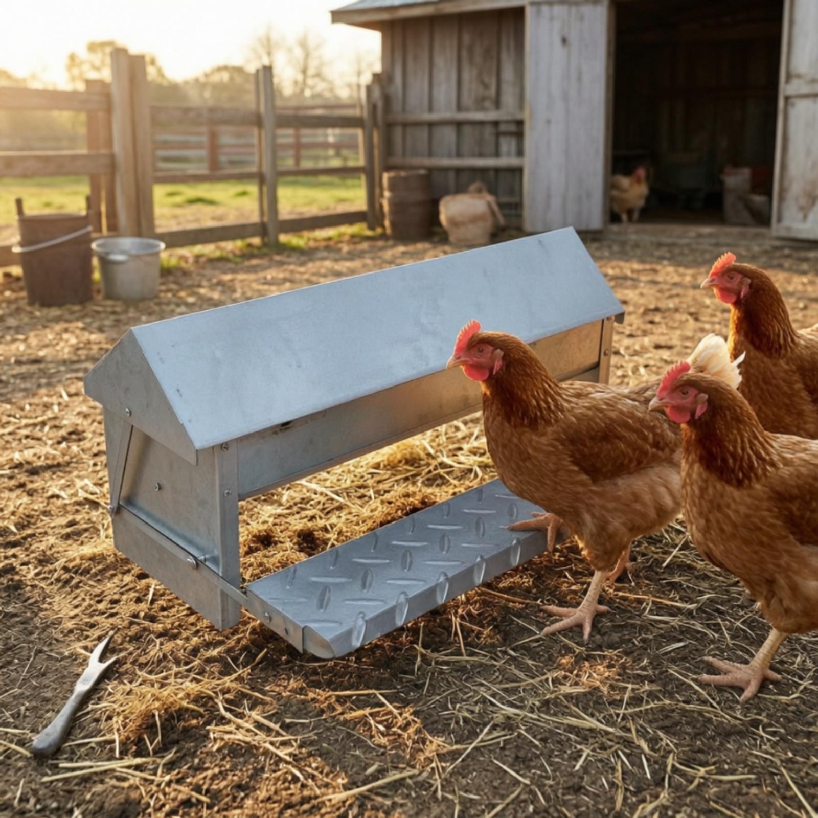 自動養鶏用給餌器、亜鉛メッキ鋼製踏み板蓋付き鶏用給餌容器、裏 - Feeding のレビューと価格